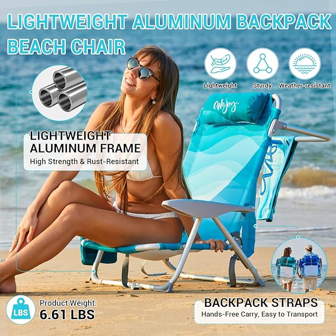 #WEJOY Beach Chair for Adults Reclining Adjustable Position Lay Flat Lightweight Folding Portable Aluminum Chair with Backpack StrapsPadded headrest Heavy Duty 400 lbs Lawn Chair for Beach Sand