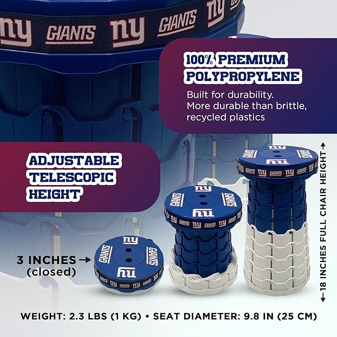Sporticulture NFL New York Giants Telescoping Collapsible Stool 500lbs Max Weight Portable Adjustable Height Folding Camping Stool with Carry Strap Retractable Stadium Have A Seat Outdoor Sports Fan