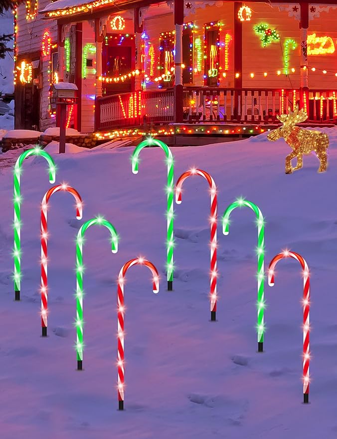 ZHAHA Solar Christmas Pathway Lights Outdoor Decorations Solar Candy Cane Lights for Yard Patio Garden Walkway with 8 Light Mode Remote Timer 48 LED Upgraded Christmas Outdoor Decorations 8 Pack
