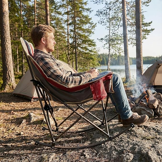 SUNNYFEEL Heated Rocking Camping Chair Fully Padded Patio Folding Chair Portable Oversized Outdoor Rocker High Back Lawn Recliner with Side Pocket Camp Rocker Chairs for Adults Heavy Duty 500 LBS Red