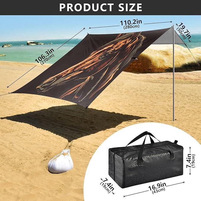 ALAZA Horse Portrait Beach Tent Sun Shelter UPF50+ Protection Beach Shade Canopy w/ 4 Sandbags for Outdoor Camping Fishing Backyard Fun Picnic 10x9 ft