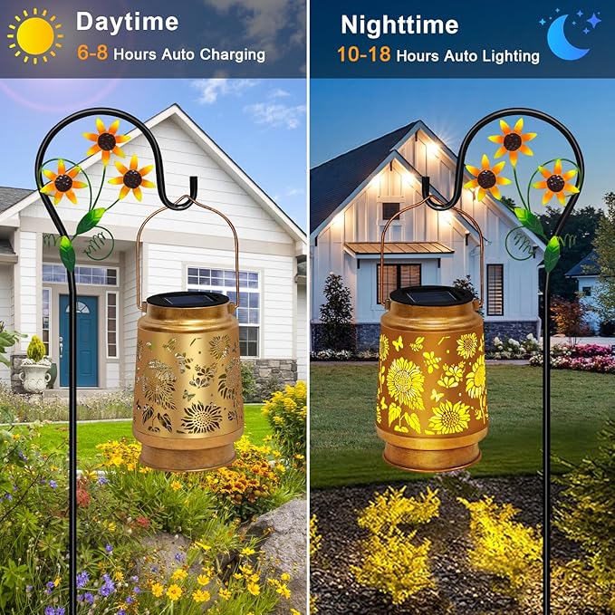 2 Pack Sunflower Hanging Solar Lanterns Outdoor Lights Sunflower Gifts for Women Men Metal Waterproof Decor Garden Lanterns for Yard Patio Lawn PathwayPorch