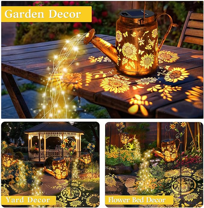 Solar Watering Can with Lights Birthday Gifts for Mom Women Mother's Day Outdoor Garden Decor Sunflower Solar Garden Lights for Outdoor Pathway Yard Lawn Patio Waterproof Gardening Decorations