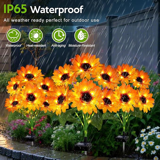 Solar Sunflower Lights Outdoor Garden Decor 4 Pack Solar Flowers Lights with 18 Sunflowers Waterproof Fall Decor Stake Decorative Light Auto ON/Off for Garden Yard Patio Gift for Women