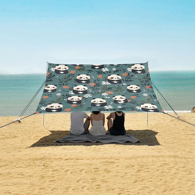 Camping Sun Shelters Panda White Pink Flowers Pattern Beach Canopy 126 * 110.2in