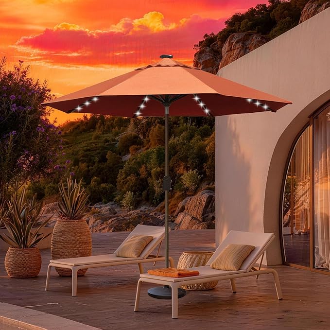 EliteShade USA 10-Year-Non-Fading 10Ft Market Umbrella with 80 LED Lights Patio Umbrella Outdoor Table Umbrella with Ventilation（Rust）