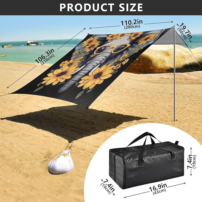 ALAZA Funny Elephant Sunflowers Beach Tent Sun Shelter UPF50+ Protection Beach Shade Canopy w/ 4 Sandbags for Outdoor Camping Fishing Backyard Fun Picnic 10x9 ft