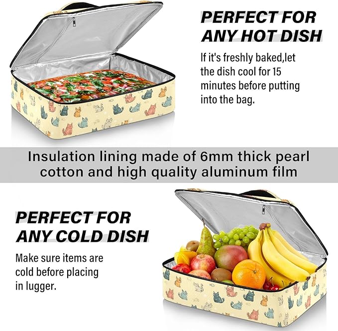 Casserole Carrier Interesting Patterns Cats and FishInsulated Casserole Carrier for Hot or Cold Food Thermal Lunch Tote for Potluck Parties Picnic Fits 9 x 13 Inches Baking Dish