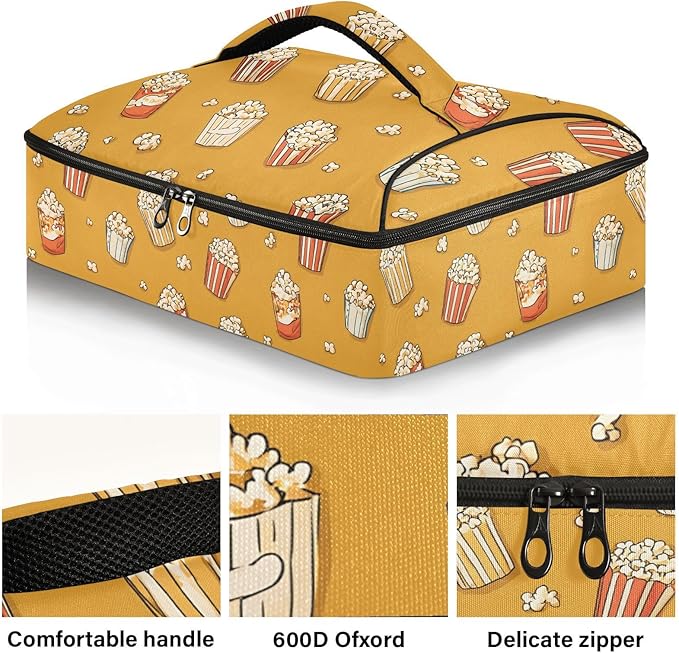 Casserole Carrier Cute Cartoon PopcornsInsulated Casserole Carrier for Hot or Cold Food Thermal Lunch Tote for Potluck Parties Picnic Beach Fits 9 x 13 Inches Baking Dish