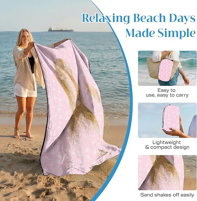 OIGAE Family Beach Blanket 7×8 ft Sand-Free Picnic Mat for 1–4 People Quick-Dry Lightweight Outdoor Blanket with Stakes &amp Corner Pockets Shell Pink
