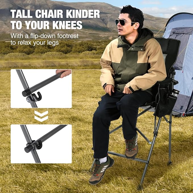 Extra Tall Folding Chairs for Adults 330lbs with Adjustable Backrest Portable Bar Height Foldable Director Chairs with Lumbar Support Comfortable with High Back and FootrestBlack2Pack