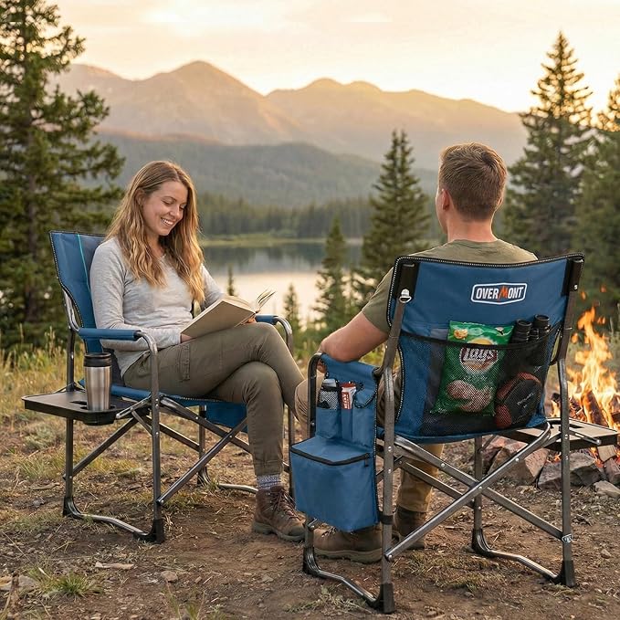 Overmont Oversized Lightweight Camping Chair - Portable Comfortable Heavy Duty Foldable Directors Chairs with Side Table &amp Cooler Bag for Outside Camp Beach Picnic Lawn and Fishing Supports 400lbs