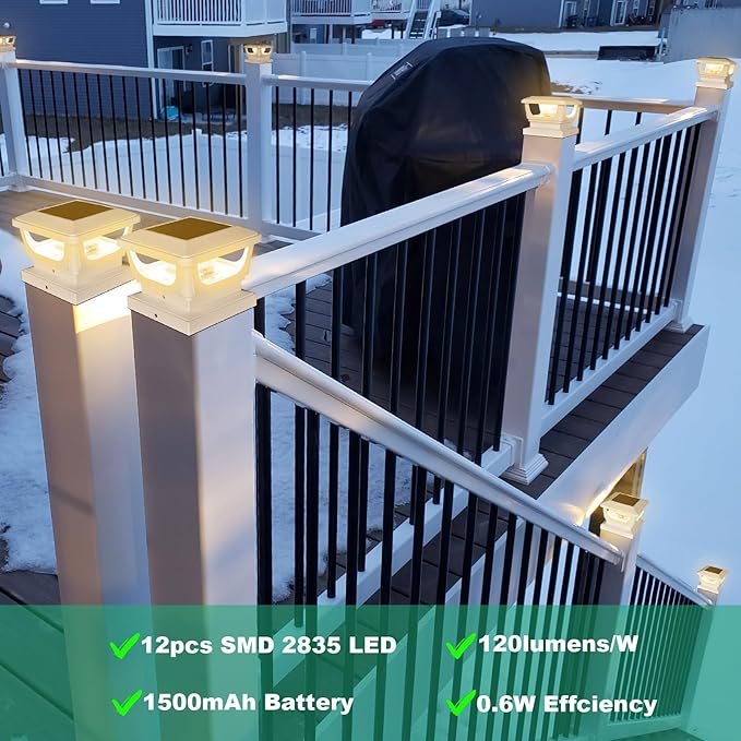 Sumaote 120 Lumen Solar Post Cap Light Outdoor Fits 4 x 4 Wood 3x3 &amp 4x4 PVC/Vinyl Posts 3000K Warm White Fence Deck Post Lights Solar Powered for Garden Yard Railing IP65 Waterproof 4 Pack