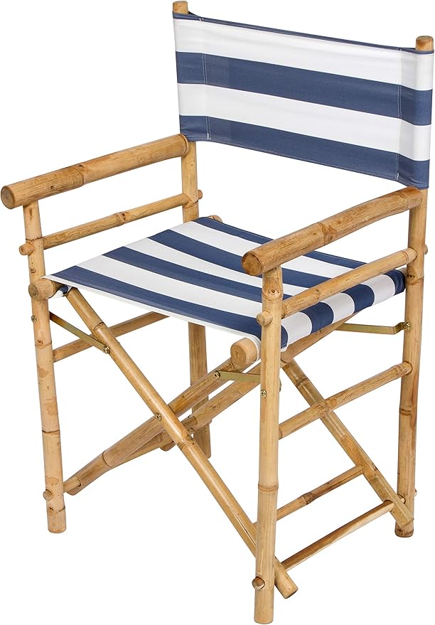 Statra Folding Director Chair Bamboo Portable Camping Outdoor Set of 2 Blue White Stripes