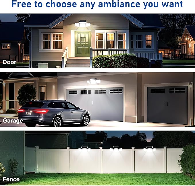 White Solar Security Light Outdoor Super Bright LED Motion Sensor Solar Flood Light 3 Heads 270° Wide AngleRemote Control IP65 Waterproof 3 Modes (3 Packs)