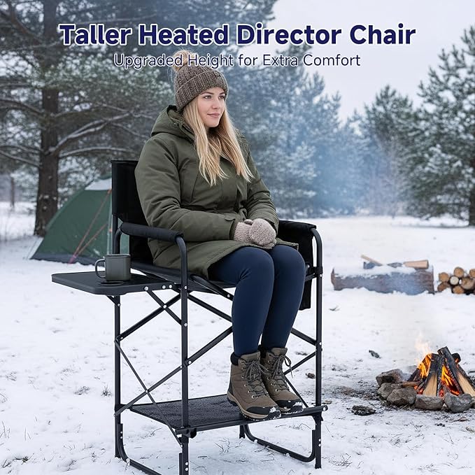 Slsy Taller Heated Camping Chair Heated Portable Camp Chair with 3 Heat Levels Heavy Duty Heated Director Chair for Lawn Outdoor Picnic Lounge Patio
