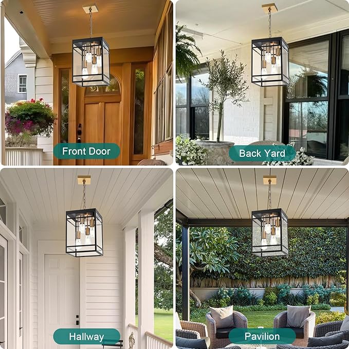 Large Outdoor Pendant Light Fixture for Porch Black Brass Outdoor Hanging Lantern Pendant Light with Clear Glass 4 Lights Exterior Porch Chandelier for Outside PatioFront DoorEnterway