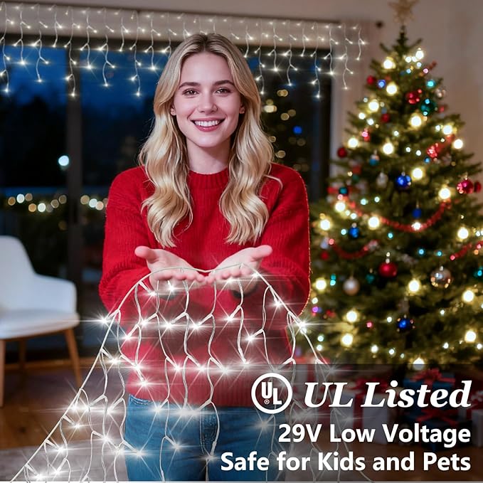 612 LED String lights Indoor Outdoor 60ft Christmas Window Lights with 136 Drops 12 Modes Dimmable Curtain Lights Fairy Lights for Bedroom Holiday Wedding Party Home Xmas Decorations Cool White