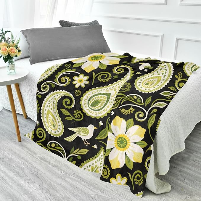 Soft Throw Blanket Olive Green Paisley Flower Boho Black Couch Blanket 50x70 Inches