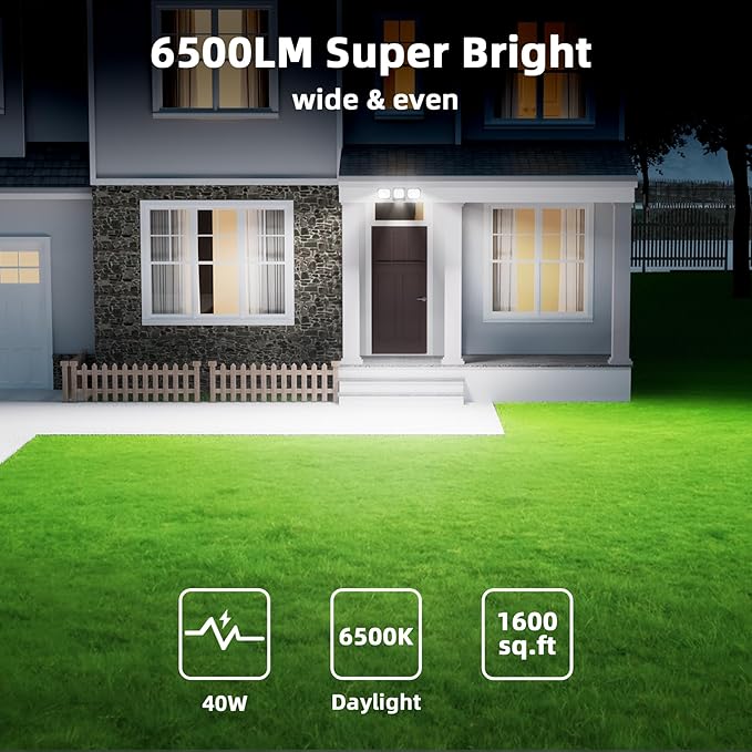 LED Motion Sensor Outdoor Lights 6500LM 270° 72FT Detected Range Dusk to Dawn 5000K IP65 Waterproof Flood Lights Outdoor 3 Head Motion Detector Security Light for GarageYard