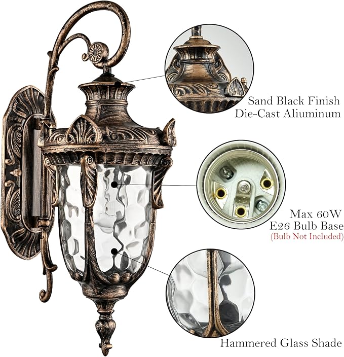 SAMTEEN Outdoor Wall Light Fixtures Bronze 20.1 Exterior Wall Lantern Sconce with Hammered Glass Shade Waterproof Porch Lights Wall Mount Outside Lights for Patio Front Door Garage House