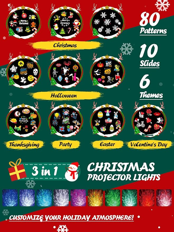 3-in-1 Christmas Projector Lights Outdoor Anysun Brighter 80 HD Patterns Christmas Decor 8-Pattern Ocean Wave Snowflake Starry Lights Show Christmas Projector Waterproof with Timer for House Party