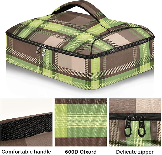 Casserole Carrier Green Brown Tartan Plaid Insulated Casserole Carrier for Hot or Cold Food Thermal Lunch Tote for Parties Picnic Travel Carry Bag