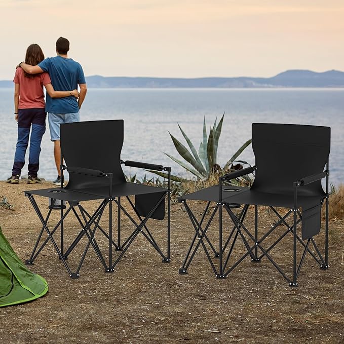 Goplus Oversized Camping Chair with Side Table Folding Heavy-Duty Picnic Chair w/ 2 Storage Pockets Cup Holder Padded Armrests Carrying Bag Portable Outdoor Chair for Fishing RV Trip (Black1)