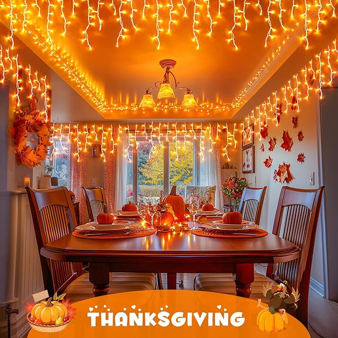 JMEXSUSS Orange Thanksgiving Lights Outdoor 38.8 FT 400 LED Orange Icicle Lights Outdoor Waterproof 8 Modes String Light Plug in for Fireplace Tree Garden Patio Thanksgiving Fall Halloween Decor