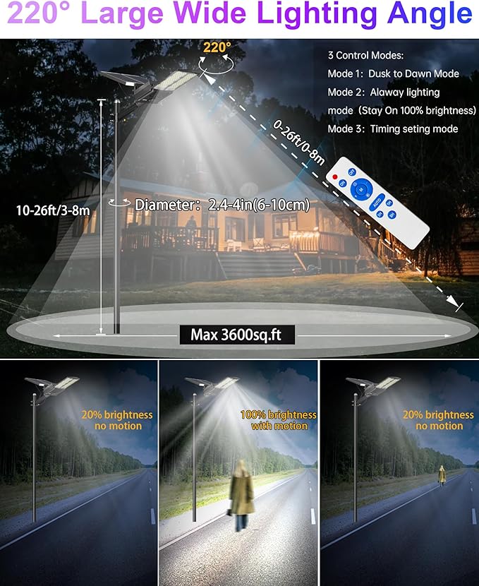 JAYNLT Y-8000W Solar Street Lights Outdoor6500K 600000LM High Power Parking Lot Lights Commercial Dusk to Dawn IP67 Waterproof Solar Security Flood Lamps Motion Sensor for FarmGarage