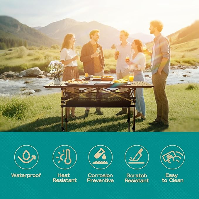 Height Adjustable Camping Table Tall Large Outdoor Folding Camping Table with Wide-Base Anti-Sink Legs &amp Carry Bag for Camping BBQ Beach Backyard (Beige)