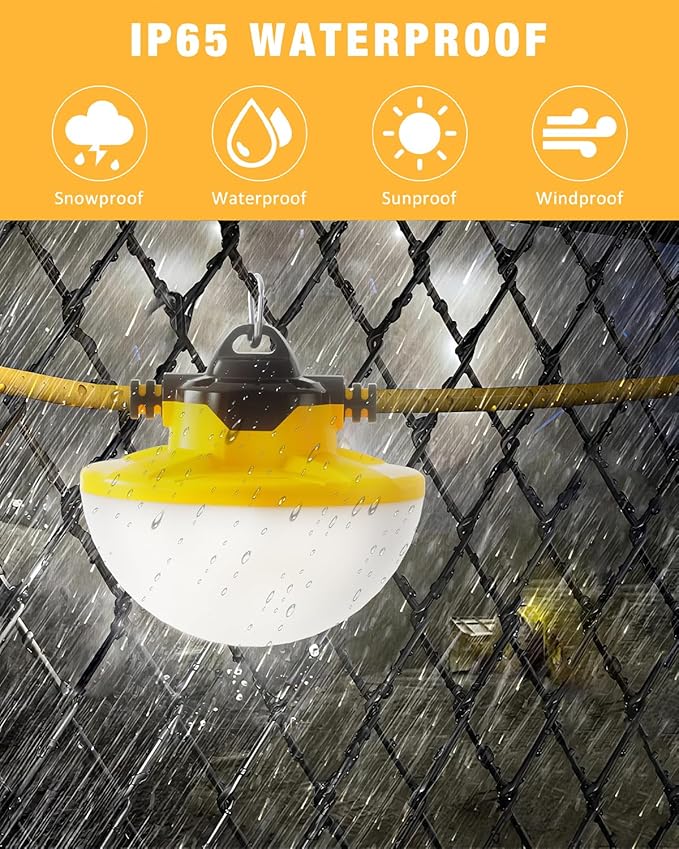 100FT Construction String Light 130W 16000Lm 5000K Industrial Grade LED String Work lights IP65 Waterproof Temporary Lighting for Construction Sites Renovation Mine Cave Job Site Walkways
