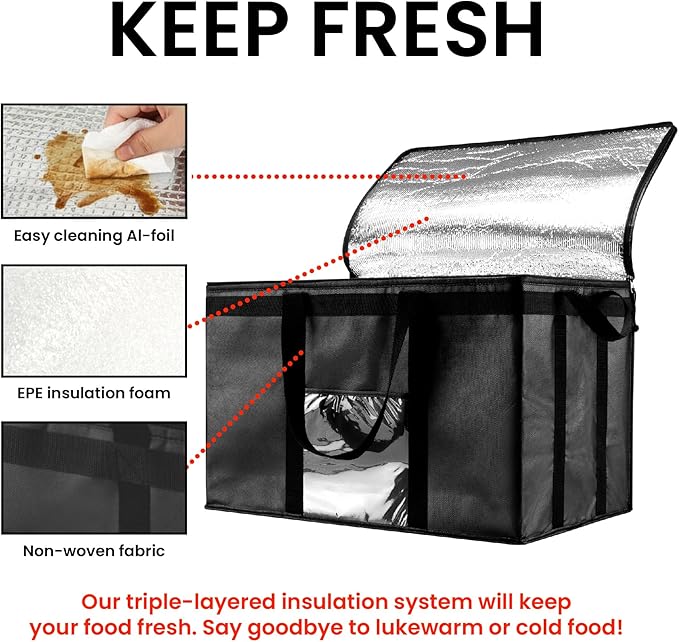 NZ home Insulated Bags for Food Delivery (3XL) Grocery Shopping Cooler Bag Pizza Delivery Hot &amp Cold Catering Tote Reusable Foldable &amp Heavy Duty (10 Pack Black)