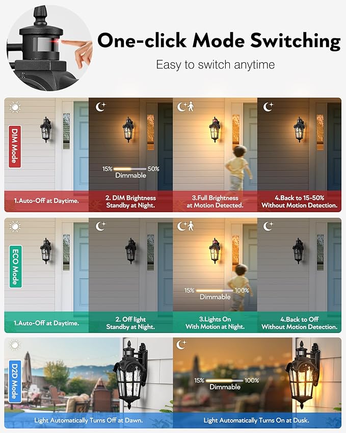 VIANIS Porch Lights Outdoor Motion Sensor Black Dusk to Dawn Outdoor Garage Lighting Fixtures Aluminum Waterproof Outside Sconce Lights with Ripple Glass Coach Light Wall Mount for House Doorway
