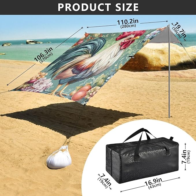 Beach Tent Sun Shelter Rooster Flower Vines Lightweight &amp Easy Setup Beach Shade Canopy for Camping Fishing