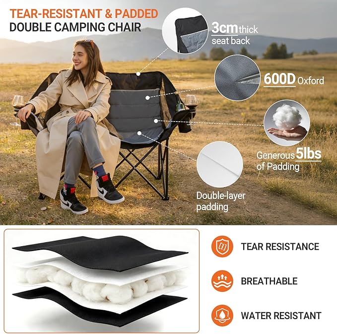 Double Camping Chair for Adults - Heavy Duty 700LB Oversized Padded Camping Loveseat 2 Person Folding Outdoor Chair with Cup Holders for Lawn Backyard (Grey)