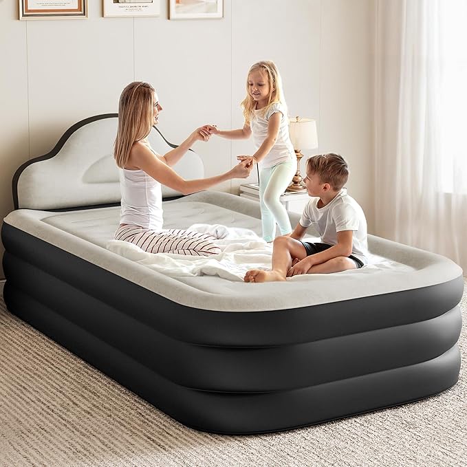 YITAHOME Twin XL Size Air Mattress with Built-in Pump 18in Inflatable Bed with Headboard Blow Up Mattress with Carry Bag and Repair Tools for Guest Travel and Camping Black