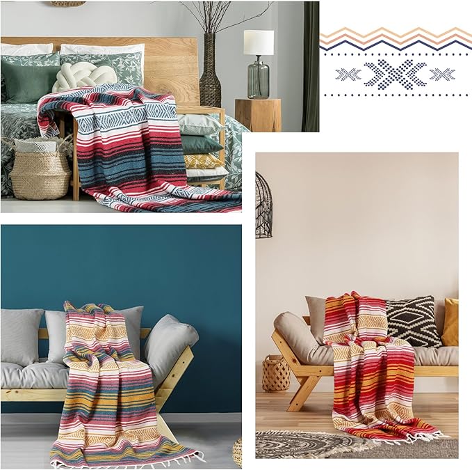 Peryiter 9 Pcs Mexican Blanket Bulk Large Yoga Blanket Striped Falsa with Fringed for Outdoor Beach Picnic Couch 45 x 70 inch(Light Colors)