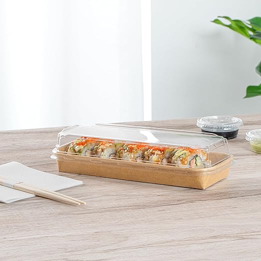 Restaurantware-LIDS ONLY: Matsuri Vision 8.8 x 3.7x 1.2 Inch Lids For Sushi Containers 100 Airtight Lids - Containers Sold Separately No-Fog Design Clear Plastic Dome Lids For Sushi Boxes