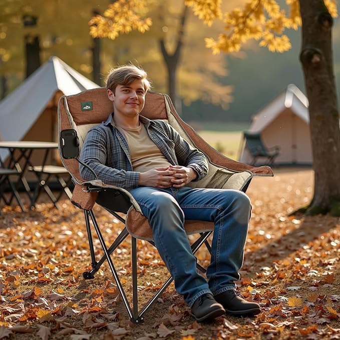 Northroad Oversized XL Padded Camping Chair w/Cell Phone Holder Large Camp Chair Foldable Lawn Chair w/Cup HolderCarry Bag for Outdoor Hiking Picnics Heavy-Duty 400-lbs Capacity Moca