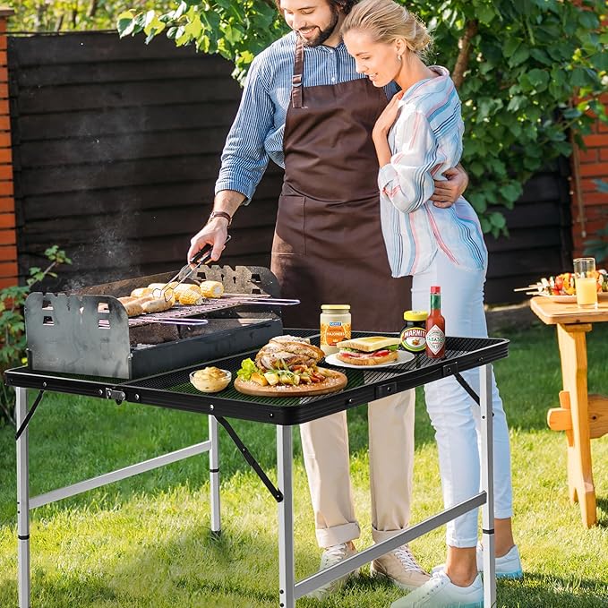 jkwokback 3ft x 2ft Grill Table Portable Camping Table Waterproof Black Folding Table with Adjustable Height Camping TableFolding Camp Table for BBQCamping Outdoor Sports Beaches and Picnics