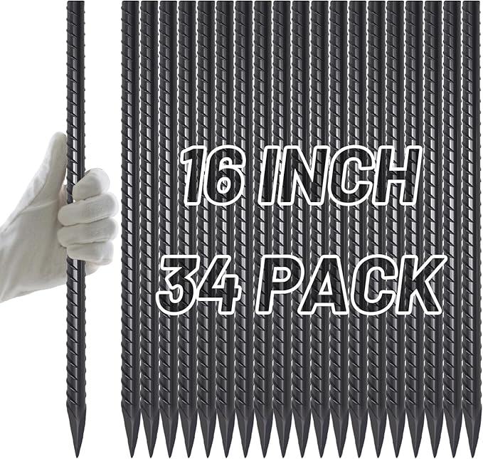 AAGUT Rebar Stakes 16 inch (34pcs) Heavy Duty 3/8” Ground Anchors Steel Garden Stakes Metal Straight Camping Tent Spikes with Chisel Point End for Hard Soil Black Powder Coated
