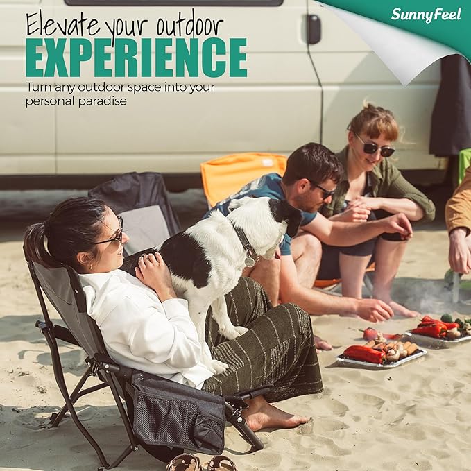 SUNNYFEEL Folding Low Camping Beach Chair 2 Pack Lightweight Portable Lawn Chair with Mesh Back Cup Holder for Outdoor/Travel/Picnic/Concert Foldable Camp Backpack Chair with Carry Bag