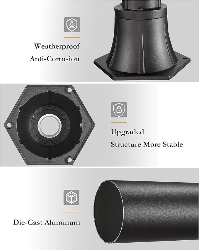 Outdoor Post Light Pole with Base HWH Outside Lamp Post Accessories Black Aluminum Mounting Pole and Base for Exterior Pathway Patio Garage Yard Garden 5HW39PA BK