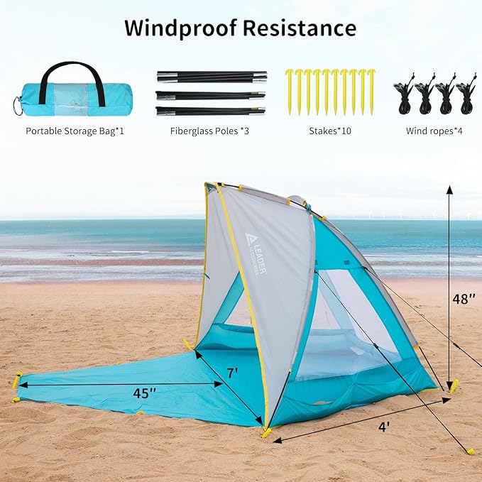Leader Accessories 2-3 Person Portable Beach Tent UPF 50+ Beach Shade Tent Beach Tent Sun Shelter Canopy with Extendable Floor Blue