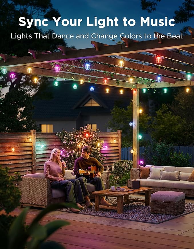 Govee Clear Bulb Outdoor String Lights 48ft RGBWIC Dimmable Patio &amp Backyard Lights with 15 LED Bulbs 111 Modes IP67 Waterproof &amp Shatterproof Works with Alexa Google &amp Matter