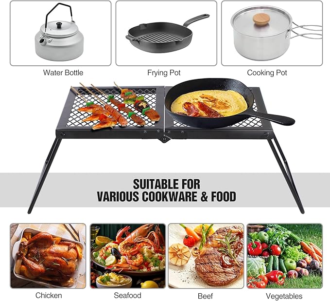 REDCAMP Folding Campfire Grill Heavy Duty Steel Grate Portable Camp Fire Cooking Rack Over Fire Pit with Carrying Bag for Outdoor BBQ Camping