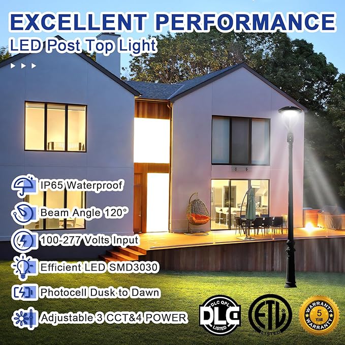 LED Post Top Light with Dusk to Dawn Photocell 80W/100W/120W/150W Wattage Selectable 3000K/4000K/5000K CCT Tunable LED Post Top Outdoor Circular Area Pole Light for Pathway IP65 DLC ETL Listed