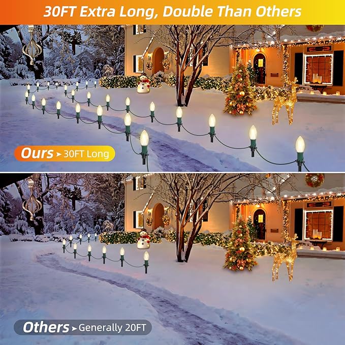 USOKYO 30Ft C9 Led Christmas Pathway Lights Outdoor 20 Warm White Bulbs Waterproof Connectable Christmas Walkway Lights with Stakes for Yard Lawn Sidewalk Driveway Christmas Decorations