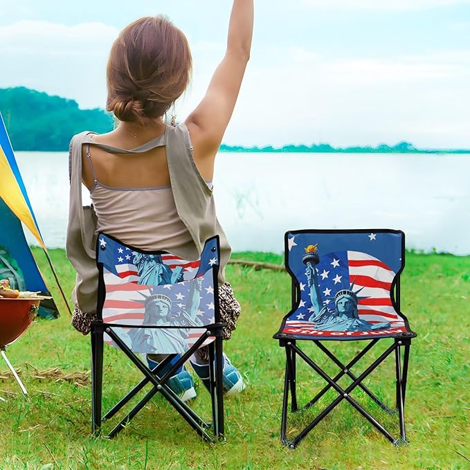4th of July Independence Day Blue Liberty Compact Camping Chairs for Adults Ultra-Lightweight Folding Chair with Carrying Bag Outdoor Chairs for Travel Camp